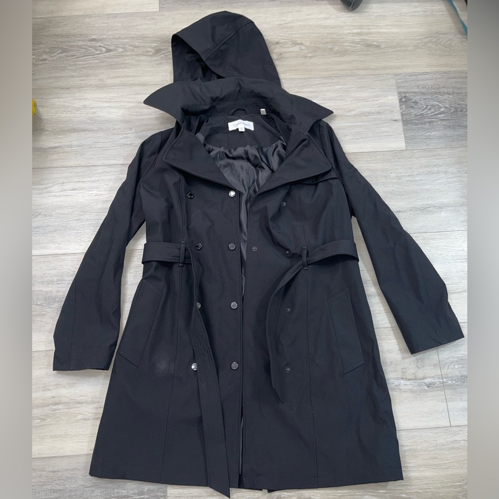 NWOT Calvin Klein Black Double-Breasted Hooded Trench Coat with Belt